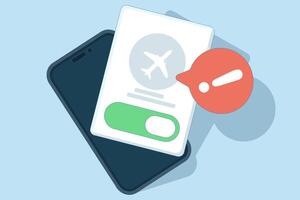 Airplane mode concept, Airplane mode warning on screen, smartphone or tablet, flat cartoon illustration of warning, phone or tablet flight info notification. flat illustration. vector