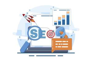 SEO Search Engine Optimization Concept. Conceptual SEO analysis and optimization, SEO strategy and marketing illustration for website. Modern flat design template. vector