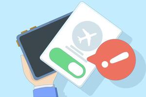 Airplane mode concept, Airplane mode warning on screen, smartphone or tablet, warning symbol cartoon, phone or tablet flight info notification. vector