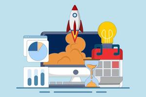 Startup business project concept, Rocket launch from monitor, Startup business project, realization and success, financial planning, idea, strategy, management. flat illustration. vector