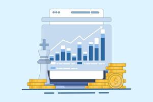 Digital financial growth concept, Online financial system management with chess pieces, tablet, gold coins on isolated background, digital marketing. vector