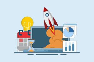 Startup business project concept, Rocket launch from monitor, Startup business project, realization and success, financial planning, ideas, strategies, management. vector
