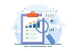 accounting analysis concept with graphs, audit research on computer, flat cartoon, big paper financial report analysis on pc and magnifying glass, digital document success check. flat illustration. vector