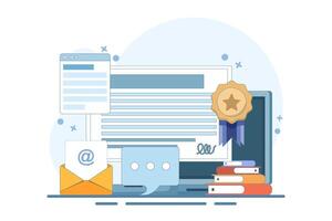 Online certification courses, Online training programs, Awards, Digital skills development, Online certificates, prizes and awards, Education and training courses. illustration on background. vector