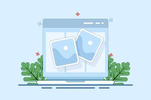 Concept Photo album online and digital gallery. Watch on website or internet electronic photographic image files on pc or laptop. computer network. flat cartoon illustration. vector