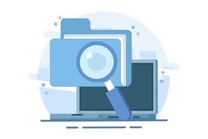 Concept Scan or examine folder documents, investigate document archive review, online analysis, reports or documents, examine legal documents, find or search file archive documents. vector