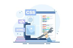 Web development concept. Programming languages. CSS, HTML, IT, UI. programmer developing website, coding. Banner. Flat illustration on white background. vector