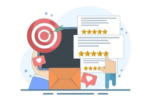 Concept of Best quality, Highest value, Online customer rating and reviews, Product and service rating, Hand click, top rating, reputation system program. Flat illustration on background. vector