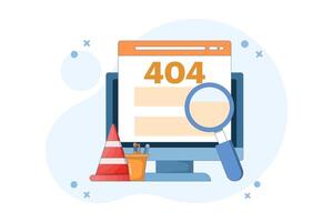 Concept of 404 error, page not found, security service warning message. Studying question mark inside text 404 with magnifying glass, examining the cause of web page crash. illustration. vector