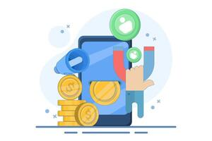 marketing and invitation concept. refer a friend. attract audience or customers to join and earn money. benefits. marketing to invite people. flat style design illustration vector