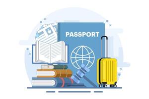 Immigration law concept. Law book with passport, visa, suitcase, scales of justice, judge's gavel. Emigration and immigration. Modern flat style for landing page, mobile app, web banner, infographics. vector