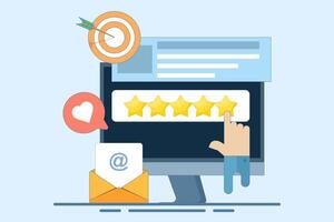 Concept of Best quality, Highest value, Online customer rating and reviews, Product and service rating, Hand click, top rating, reputation system program. Flat illustration on background. vector