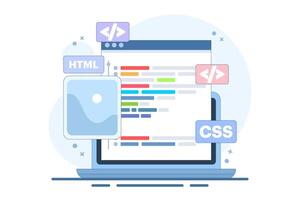 Web development concept. Programming languages. CSS, HTML, IT, UI. programmer developing website, coding. Banner. Flat illustration on white background. vector