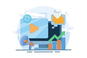 marketing automation concept. automated, repeatable, and more efficient marketing system. digital marketing and technology. computer monitor. flat style design illustration. vector