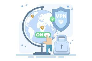 VPN Service Concept. Virtual private network access. Secure internet connection and privacy protection between computing devices and computer networks. Flat illustration on background. vector