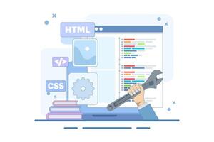 Web development concept. Programming languages. CSS, HTML, IT, UI. programmer developing website, coding. Banner. Flat illustration on white background. vector