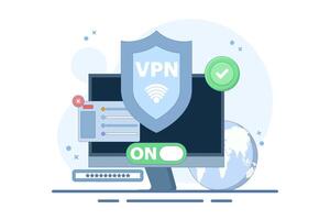 VPN Service Concept. Virtual private network access. Secure internet connection and privacy protection between computing devices and computer networks. Flat illustration on background. vector