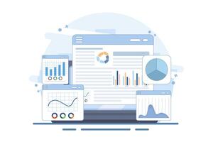 study concept for market expansion. Financial reports, investment data, sales information, business analysis, computing, Entrepreneurs analyze diagrams and graphs with a magnifying glass. vector
