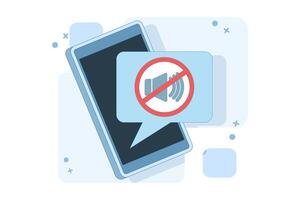 Mute mode sign concept for mobile phone, no sound sign, flat cartoon volume off for smart phone, mobile phone silent zone symbol. no noise area. vector
