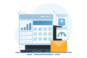Project management software concept that handles multiple business tasks, Company manages projects with project management system, Flat illustration design. vector