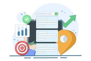 Online information search concept. Search engine on smart device screen with local pin location icon and target. SEO Optimization Marketing Strategy. Flat illustration on background. vector