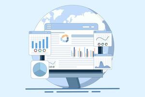 study concept for market expansion. Financial reports, investment data, sales information, business analysis, computing, analyzing diagrams and graphs with magnifying glass. vector