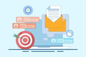 Concept of approaching target audience using email marketing, Online business strategy, Advertising, Email newsletter, sending messages, marketing materials. Flat illustration. vector