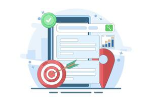Online information search concept. SEO Optimization Marketing Strategy. Search engine on smart device screen with local pin location icon and target. vector