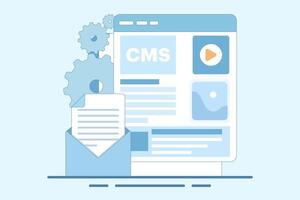 Content management system administration concept cms. CMS. Blog, Blogger. Freelancing. Creative writing. Script writing. Content illustration for web landing page template, banner, flyer. vector