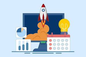 Startup business project concept, Rocket launch from monitor, Startup business project, realization and success, financial planning, idea, strategy, management. flat illustration on background. vector