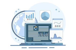 study concept for market expansion. investment data, sales information, business analysis, financial reports, computing, analyzing diagrams and graphs with magnifying glass. flat illustration. vector