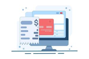 The concept of payment bill is confirmed approved via payment card on laptop computer, electronic digital money invoice payment transaction is successful, receipt is complete, payment is verified. vector