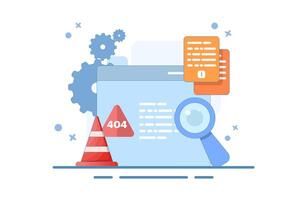 Concept of 404 error, page not found, security service warning message. Studying question mark inside text 404 with magnifying glass, examining the cause of web page crash. illustration. vector