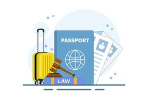 Immigration law concept. Law book with passport, visa, suitcase, scales of justice, judge's gavel. Emigration and immigration. Modern flat style for landing page, mobile app, web banner, infographics. vector