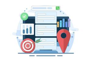 Online information search concept. Search engine on smart device screen with local pin location icon and target. SEO Optimization Marketing Strategy. vector