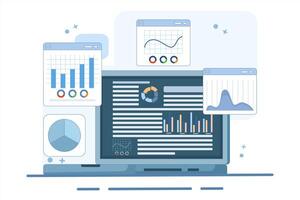 study concept for market expansion. investment data, sales information, business analysis, financial reports, computing, analyzing diagrams and graphs with magnifying glass. vector