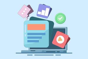 Media data management with graphics for business. Media data. Search files and videos in database. Management software. Flat illustration. vector