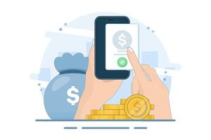 Concept Check money online on mobile phone, holding mobile phone with check mark, and coins. digital marketing, online payment, Confirmed internet transaction, Digital money transfer. vector