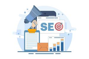 SEO Search Engine Optimization Concepts. Conceptual SEO analysis and optimization, SEO strategies and marketing for websites. vector