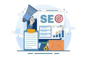 SEO Search Engine Optimization Concepts. Conceptual SEO analysis and optimization, SEO strategies and marketing illustrations for websites. vector