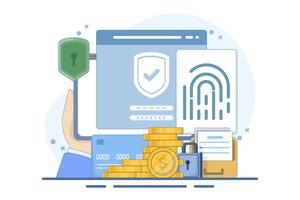 Concept of data protection with fingerprint. Biometric security system. Personal data protection, biometric lock. Data and account protection with fingerprint scanner. Flat illustration. vector