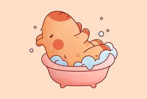 Kawaii cutie capybara takes a bath with soapy foam. vector