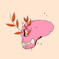 Pink psychedelic scull with leaves and tiny details. vector