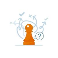 illustration of a chess pawn with multiple arrows pointing toward check mark and cross symbols, uncertainty in decision making or challenge of choosing the right strategy. planning, risk assessment vector