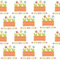 Seamless pattern of tulip seedlings with inscription vector