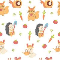 Seamless pattern character garden squirrel, hedgehog, rabbit, snail hand drawn vector