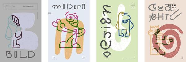 Bold abstract poster set featuring quirky linear characters and innovative contemporary lettering. Vibrant, primitive shapes meet retro minimalist typography with modern color palettes. Event graphics vector