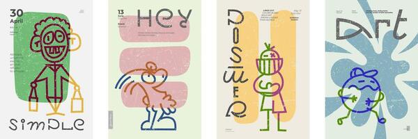 Bold abstract posters with playful linear characters, creative lettering, and vibrant simple naive shapes. Retro minimalist typography blends seamlessly with modern color schemes for event graphics vector