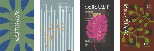 Abstract bold poster templates. Simple colorful organic leaf shapes and creative modern typography. Blend of brutalism, minimalism and postmodernism. Announcing contemporary art exhibitions or events vector