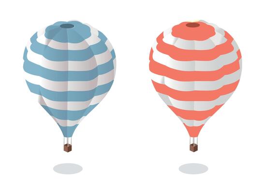 Red and blue striped balloons, reminiscent of adventure and travel over mountains and fields